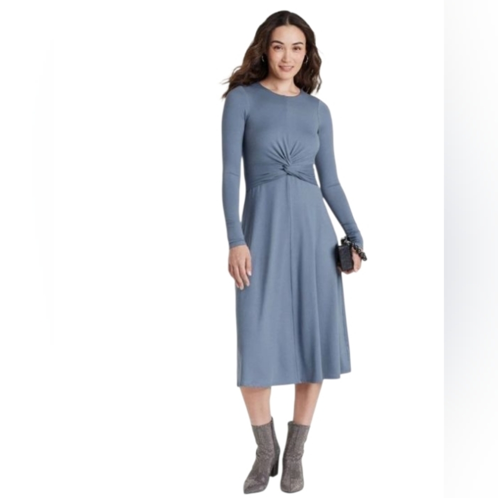 A new day Long sleeve Twist-Front Maxi Dress in Grey/Blue Size Medium BNWT